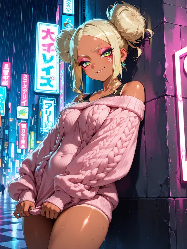 Anime girl with blonde hair in buns, pink sweater, and neon city background