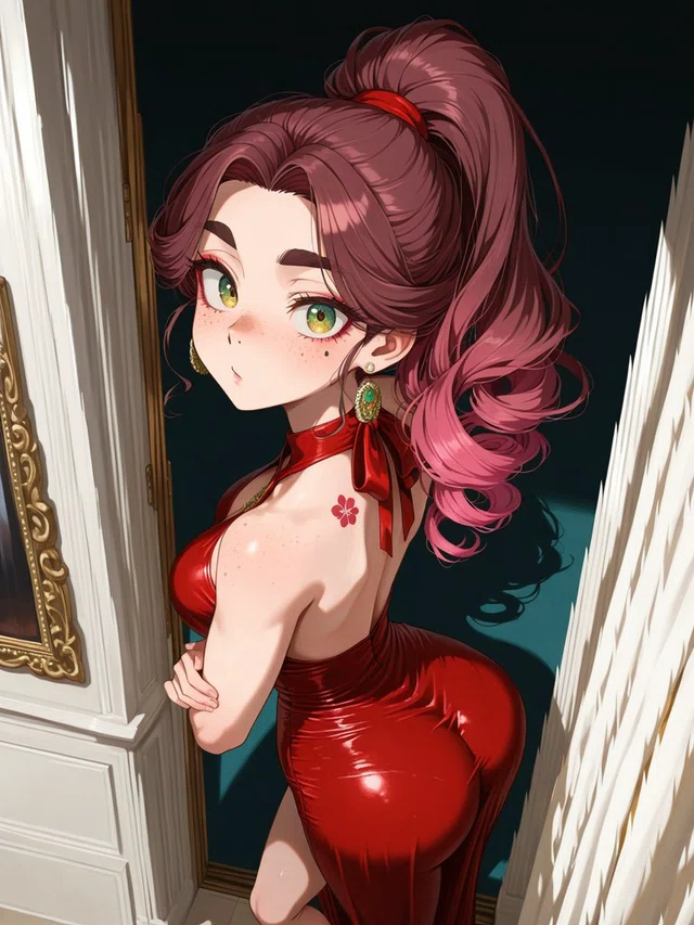 Anime character with a curled pink ponytail and green eyes looks back over a shoulder, wearing a glossy red dress in an ornate doorway.