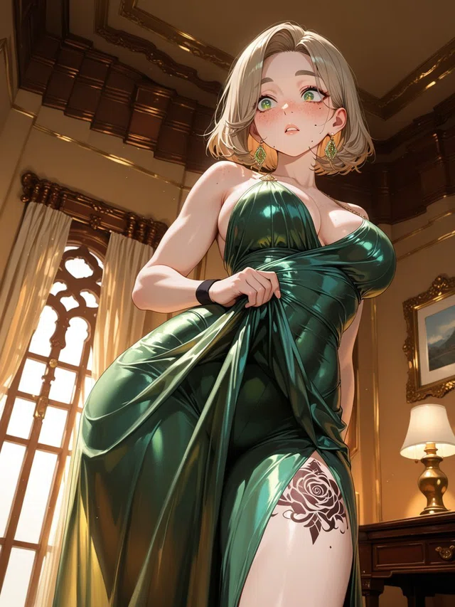 Anime character with a blonde bob and green eyes gathering an emerald gown, with a rose tattoo visible on one thigh in an ornate room.