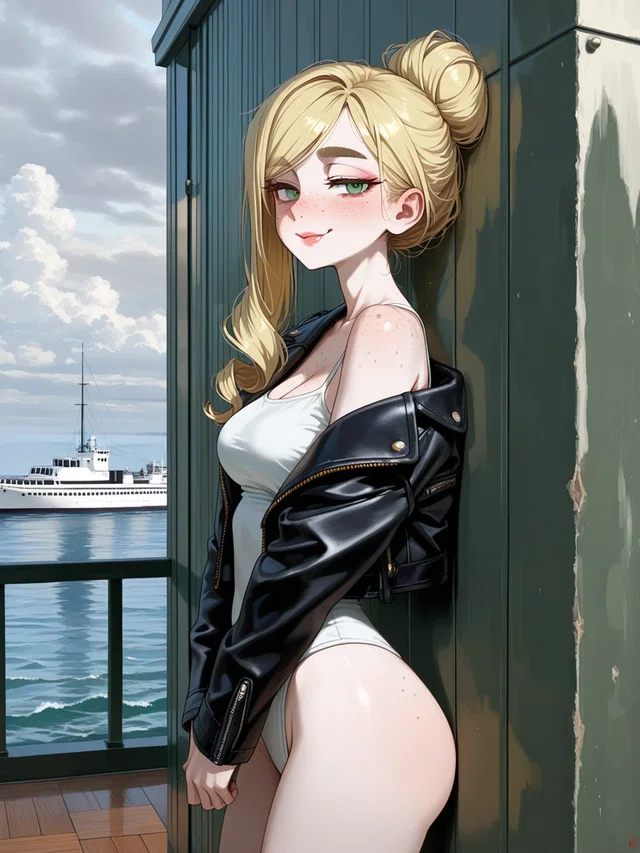 Blonde anime character with green eyes and freckles, wearing a white bodysuit and black jacket beside a harbor.