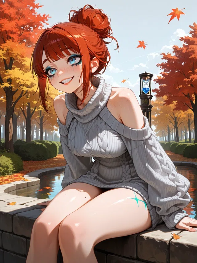 Smiling red-haired anime character in a gray cable-knit sweater dress, seated beside water among autumn trees.