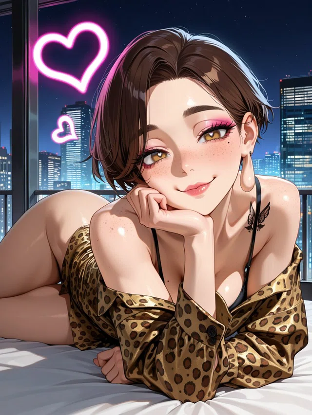 Smiling anime figure with short brown hair rests their chin on one hand, wearing a leopard-print shirt against a neon-lit night skyline.