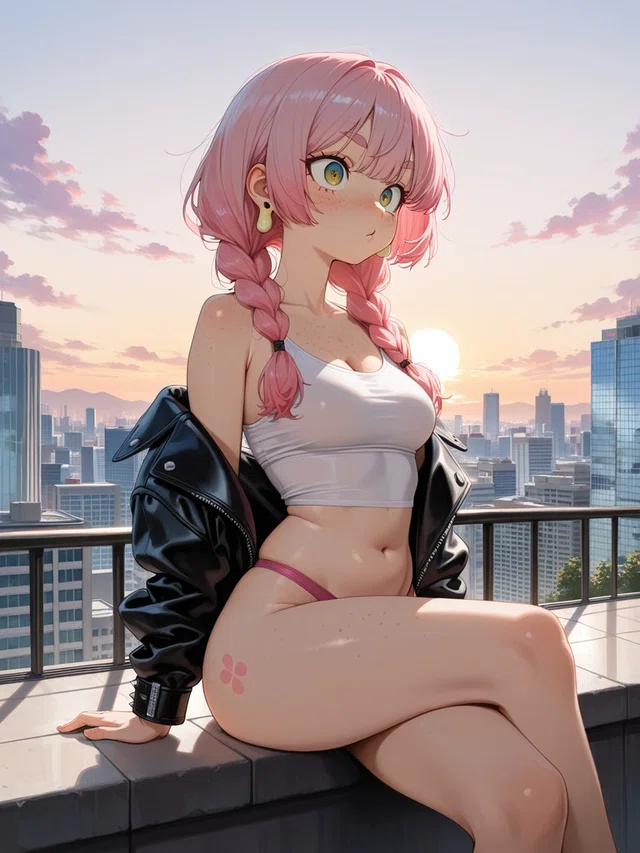 Anime character with pink braids sits on a rooftop ledge in a white crop top and black jacket against a sunset city skyline.