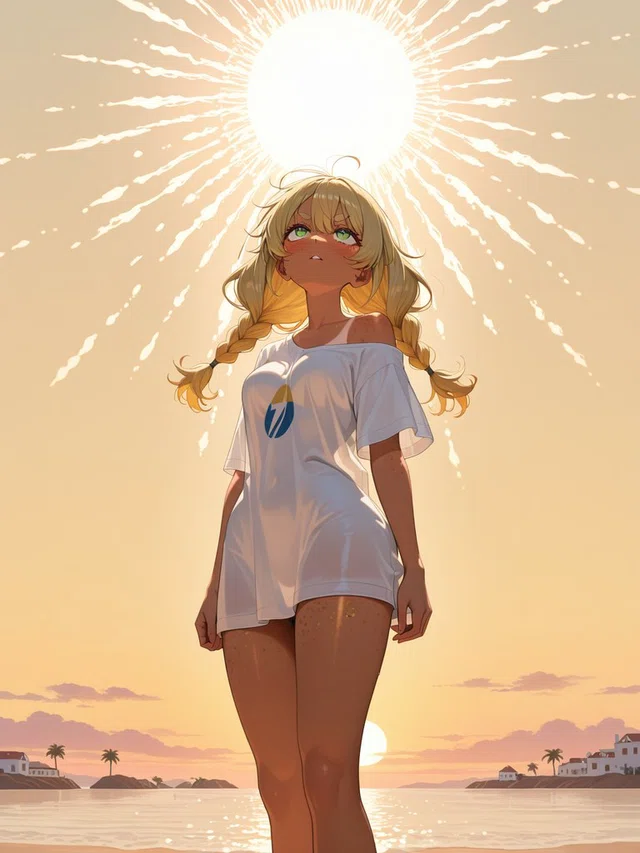 Blonde anime figure with twin braids and green eyes gazes upward beneath a radiant white orb beside a sunset sea.