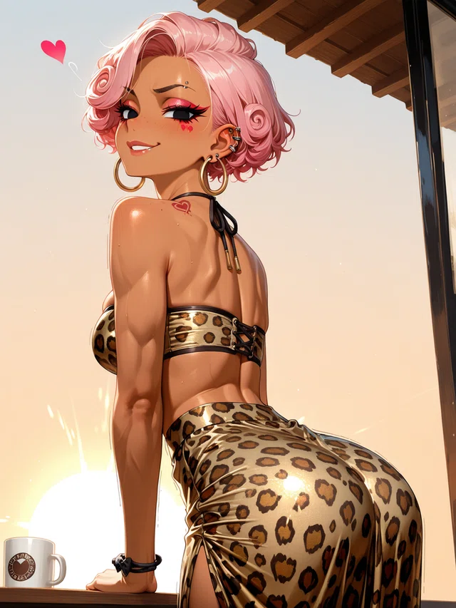 Pink-haired anime character in leopard print outfit, smiling over shoulder near a mug.