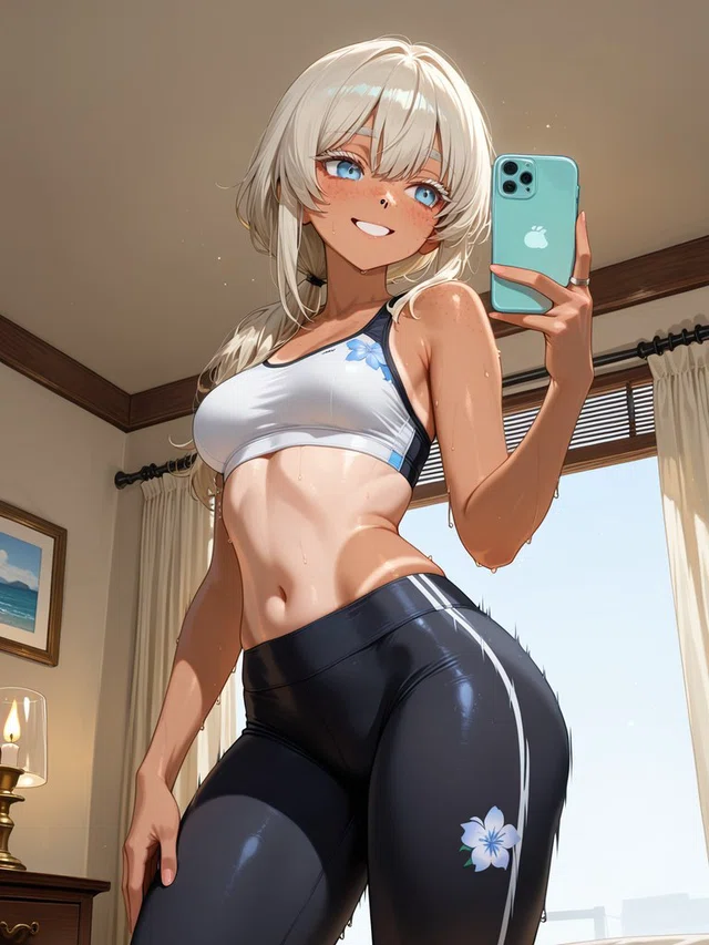 Smiling white-haired anime character holding a turquoise phone, wearing a floral sports top and dark leggings beside a window.