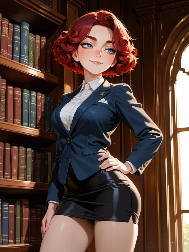 Anime woman with curly red hair in a blazer, posing by bookshelves near a sunlit window.
