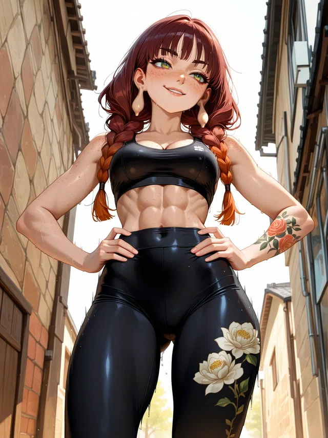Smiling anime figure with red twin braids, hands on hips, wearing a black crop top and floral leggings in a sunlit alley.