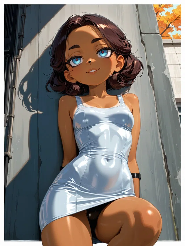 Anime character with curled brown hair and bright blue eyes wearing a shiny pale blue dress beside a sunlit wall.