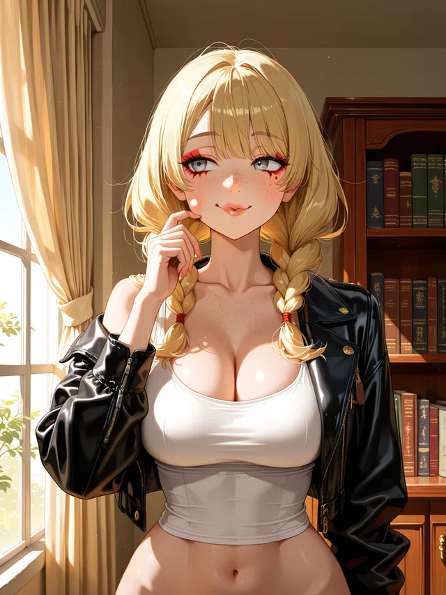 Anime-style blonde with braids in black jacket, near window and bookshelf
