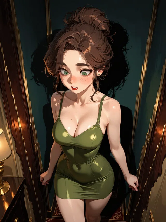 Anime-style figure with brown hair in a loose bun, green eyes, and an olive-green dress, standing against dark panels with gold trim.