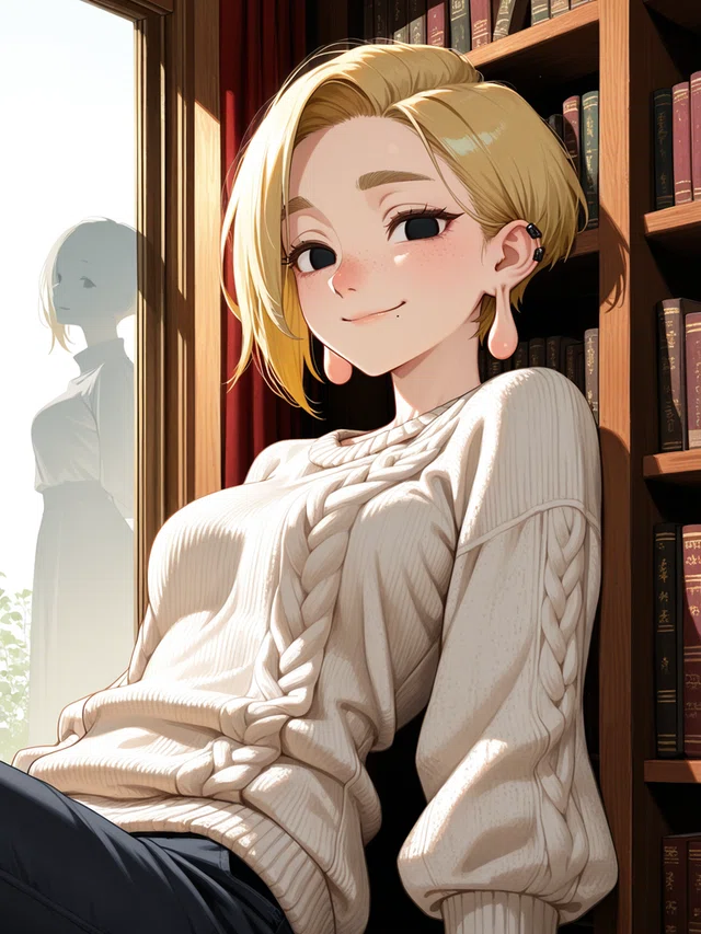 Anime portrait of a woman with honey blonde hair and a soft closed-lip smile