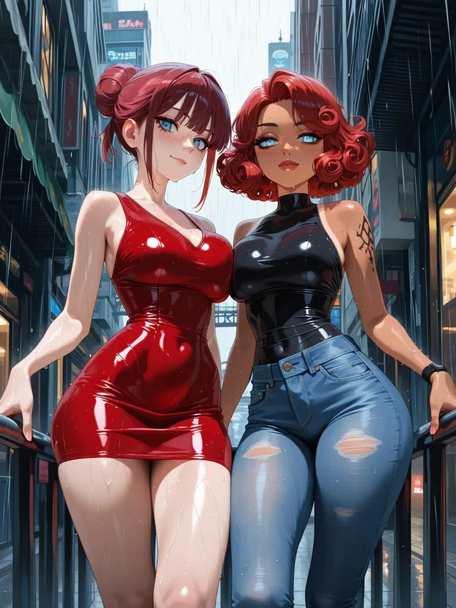Two red-haired anime figures stand beside railings in a rainy city alley, one in a glossy red dress and the other in a black top and ripped jeans.