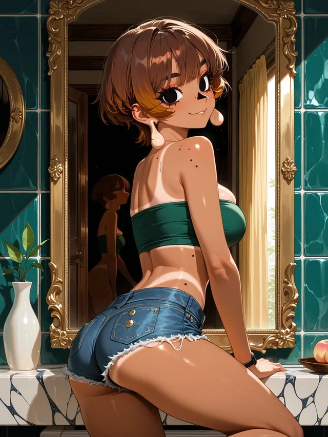 Anime character with short brown hair looks back with a slight smile, wearing a green bandeau and denim shorts before an ornate mirror.