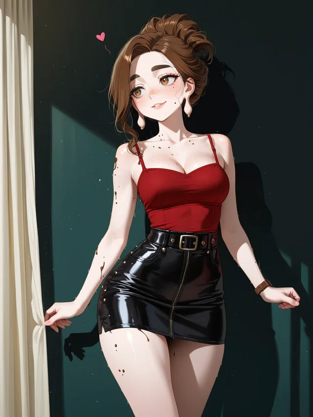 Smiling anime character with a brown updo, red camisole, and glossy black skirt beside a cream curtain and dark teal wall.