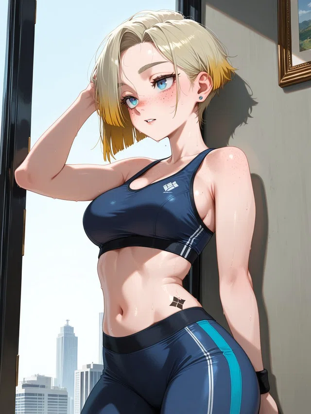 Anime portrait of a short-haired blonde figure in navy athletic wear, posing with one hand behind the head beside a sunny window.