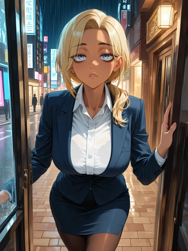 Blonde, blue-eyed anime character in a navy skirt suit stands in a doorway beside a rain-soaked, illuminated street.