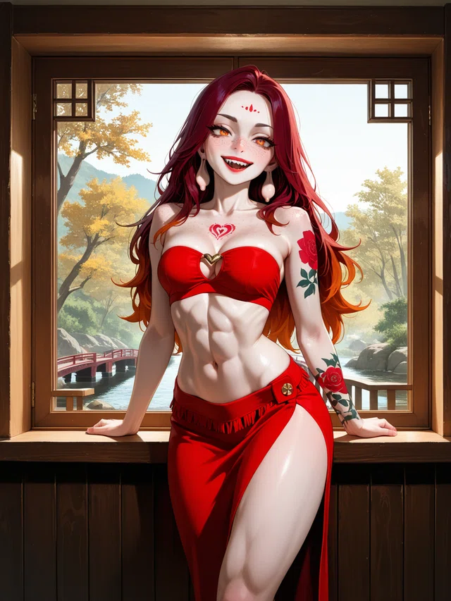 Anime woman with red hair and rose tattoos, smiling by a window with autumn trees.