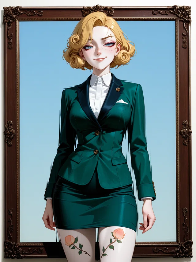 Anime portrait of a smiling blonde figure in a teal skirt suit, framed by ornate dark wood against a light blue background.