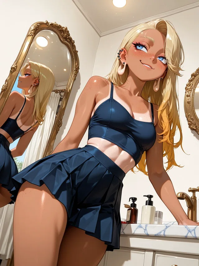 Anime-style blonde character with blue eyes and a slight smile, wearing a navy crop top and pleated skirt beside a bathroom mirror.