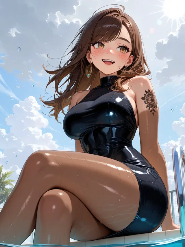 Smiling brown-haired anime character in a glossy black swimsuit, sitting cross-legged at a sunny poolside.