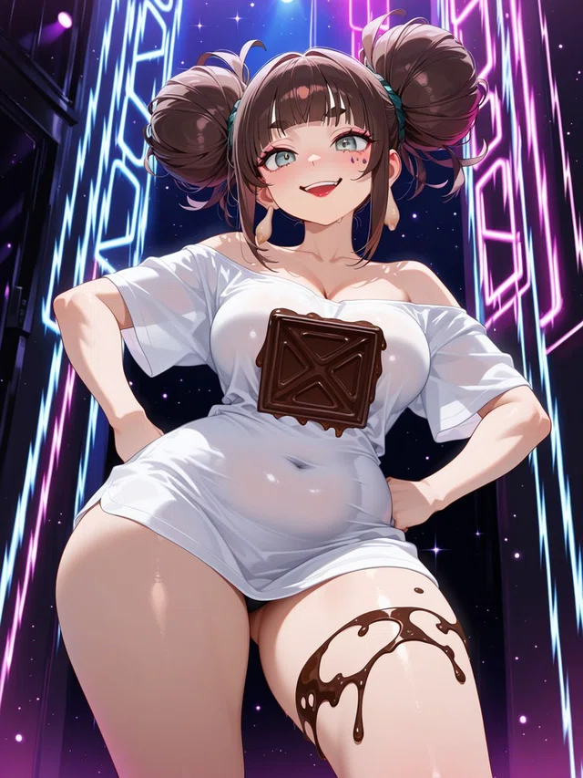 Smiling anime character with brown double buns and a white off-shoulder shirt, posing hands on hips against blue and pink neon lights.