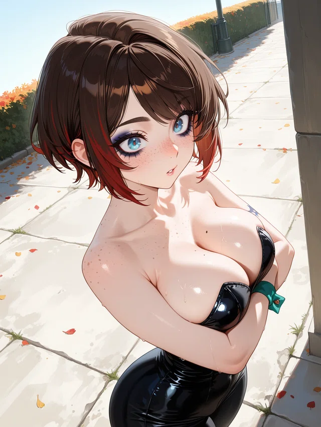 Anime-style character with short brown hair and blue eyes, wearing black shiny outfit outdoors