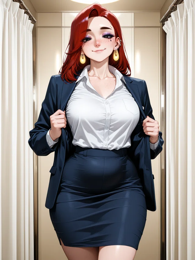 Smiling red-haired anime character wearing a navy skirt suit, white shirt, and gold earrings, holding the blazer open between white curtains.