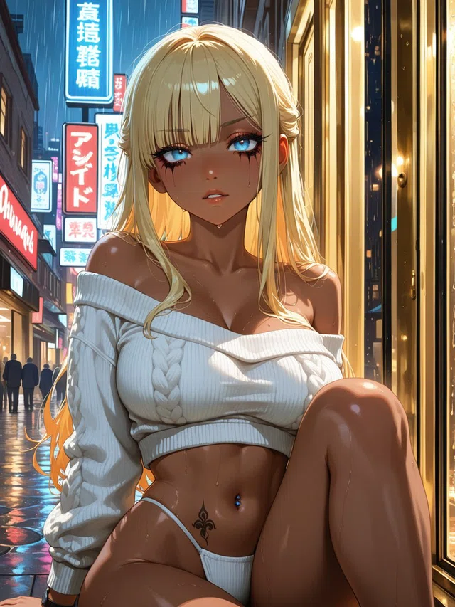 Anime figure with long blonde hair and blue eyes, seated with one knee raised in a white cropped sweater on a rainy neon-lit street.