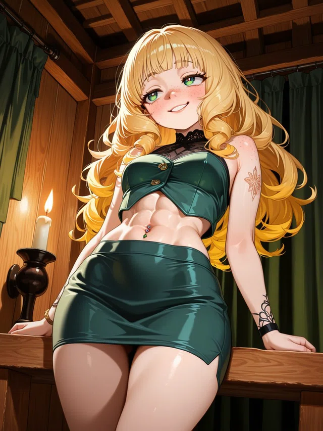 Smiling anime character with long blonde curls and green eyes, wearing a dark green crop top and skirt beside a candlelit wooden railing.