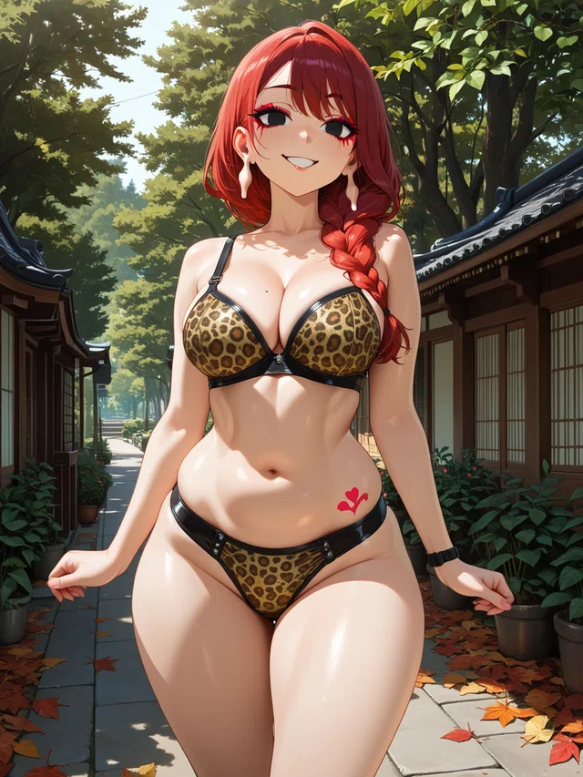 Red-haired anime woman in leopard-print bikini, smiling outdoors on a leaf-strewn path.