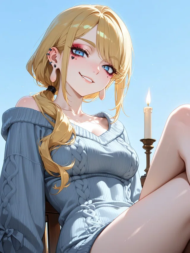 Smiling blonde anime character in a pale blue cable-knit sweater, seated beside a lit candle against a sky-blue background.