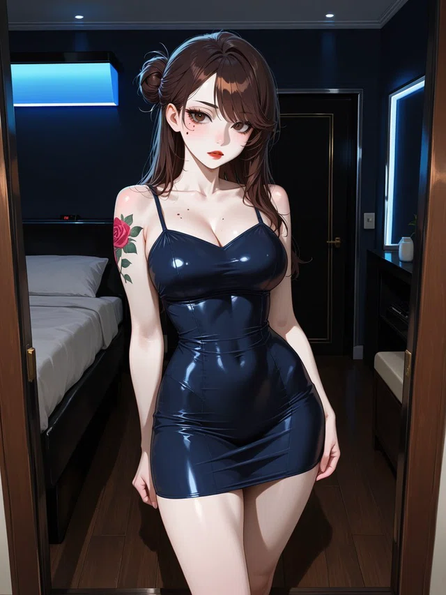 Anime-style figure with brown hair and a rose shoulder tattoo wearing a glossy navy dress in a dark, blue-lit bedroom.