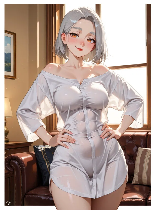 Anime character with a silver bob and amber eyes smiles with hands on hips, wearing a white shirt dress in a sunlit room.