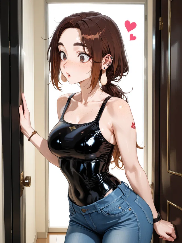 Anime-style woman in black top and jeans, leaning in doorway with hearts floating nearby.