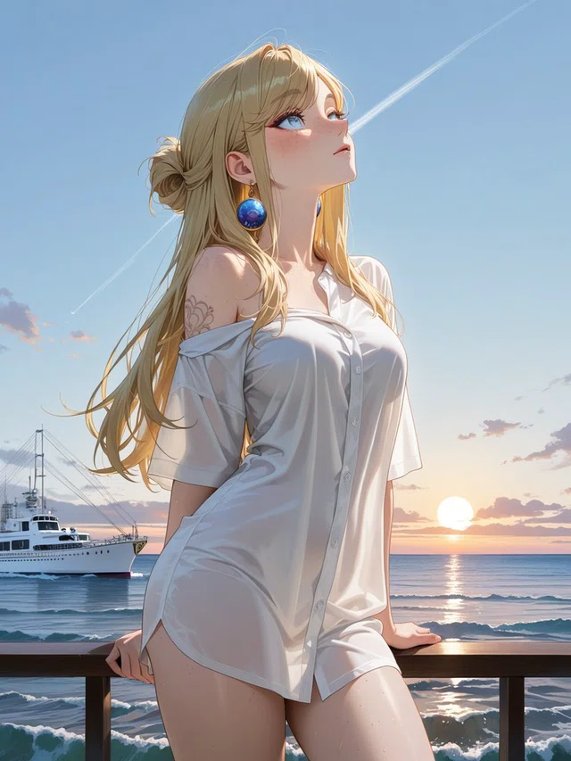 Anime portrait of a blonde figure in a loose white shirt, gazing upward beside an ocean railing at sunset, with a ship behind.