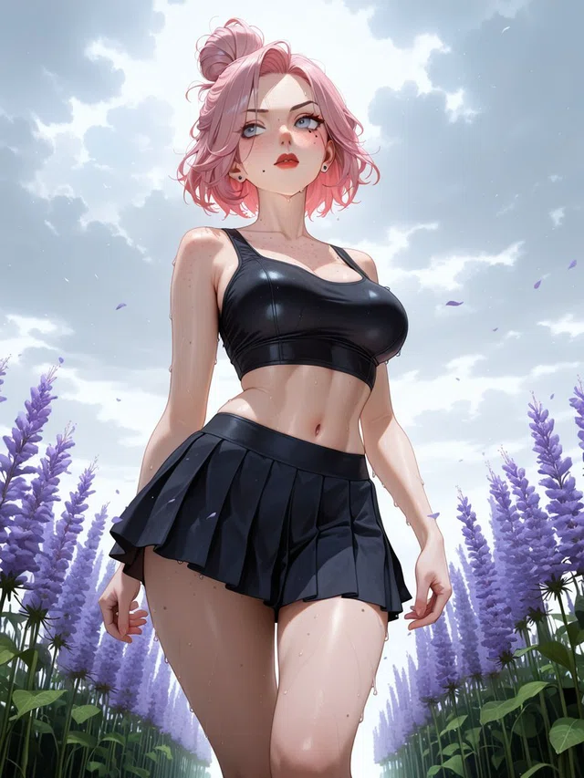Anime character with pink hair in a loose bun, wearing a black crop top and pleated skirt among tall purple flowers beneath a cloudy sky.