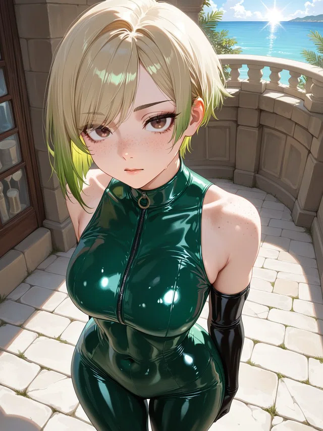 Anime portrait of a freckled character with blonde-and-green bobbed hair, wearing a glossy green outfit on a seaside stone balcony.