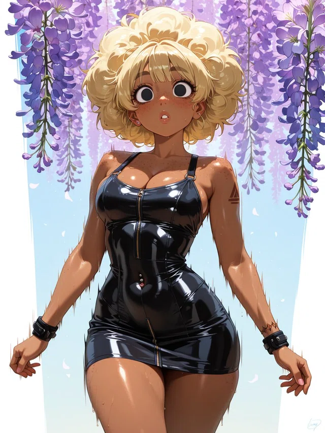 Anime character with fluffy blonde curls and wide eyes, wearing a glossy black dress beneath hanging purple flowers.