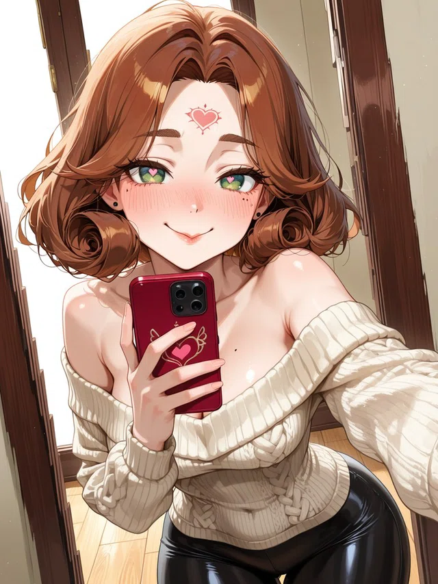 Smiling anime character with curled brown hair and green eyes holds a red phone while wearing a cream off-shoulder sweater.