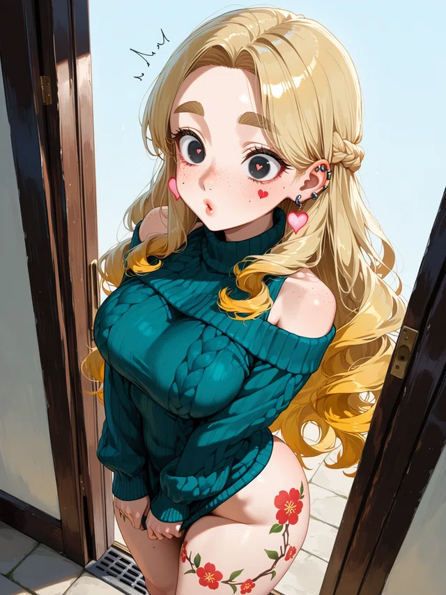 Blonde anime character in teal sweater with floral thigh art, peeking through doorway
