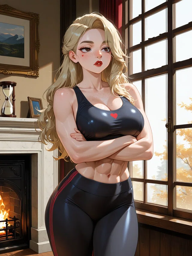 Blonde anime-style woman with crossed arms in black athletic wear beside a sunlit window and a lit fireplace.
