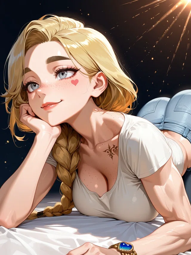 Smiling blonde anime character with a long braid rests her cheek on one hand beneath golden rays against a dark, sparkling background.