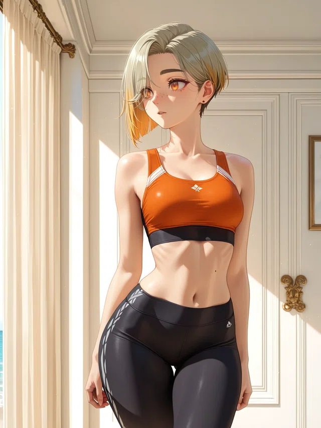 Anime character with a silver-and-orange asymmetrical bob, wearing an orange sports top and black leggings in a sunlit room.