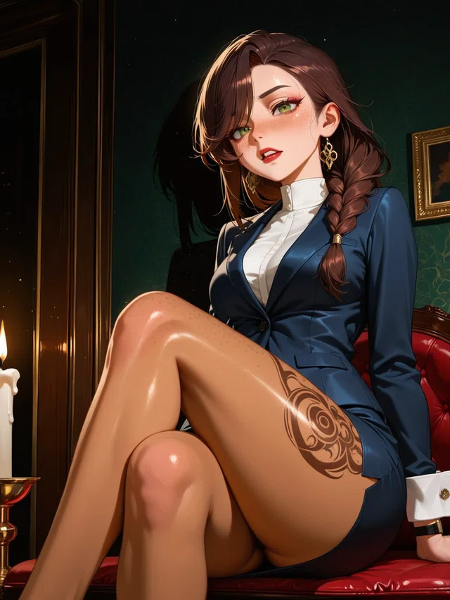 Anime-style figure with a brown side braid and green eyes, seated cross-legged in a navy suit on a red chair beside a candle.