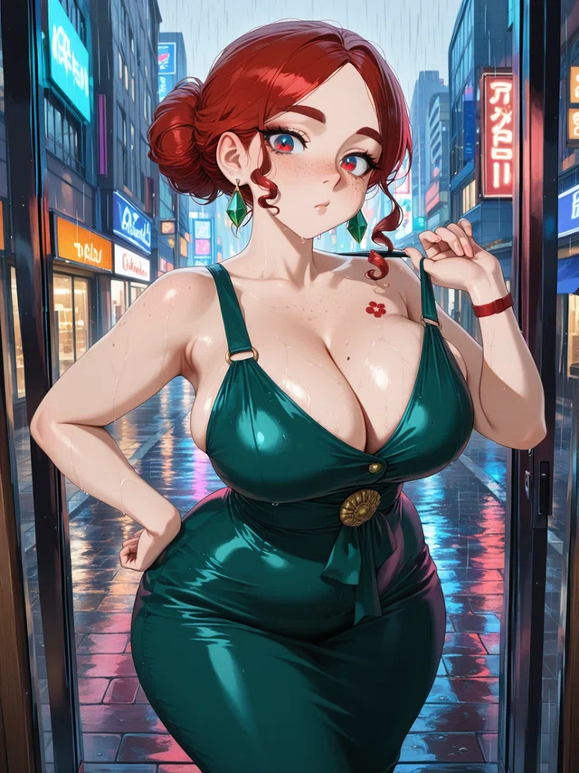 Anime woman with red hair in a green dress, standing in a rainy city street at night.