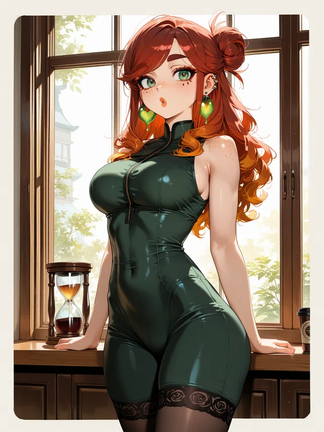 Anime-style woman with red hair and green eyes in a dark green bodysuit, leaning on a windowsill with an hourglass nearby.