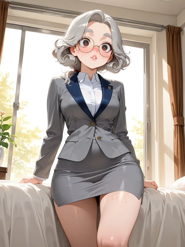 Anime character with curled silver hair and round glasses, wearing a gray skirt suit while seated on a bed beside sunlit windows.