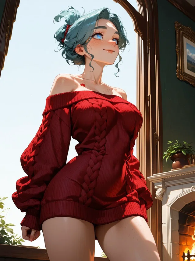 Smiling anime character with teal hair and blue eyes wearing a red off-the-shoulder cable-knit sweater beside a bright window and fireplace.