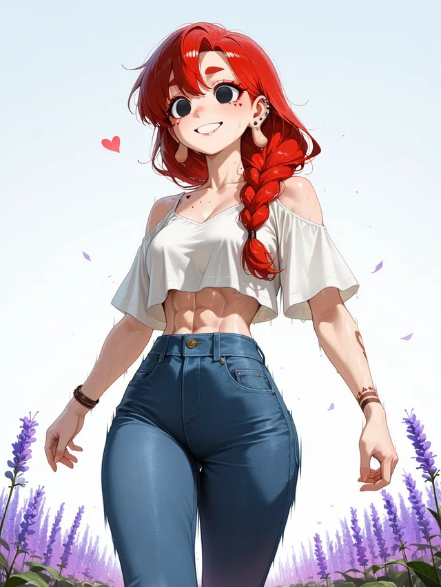 Smiling red-haired anime character with a thick side braid, white cropped top, and blue jeans among purple flowers.